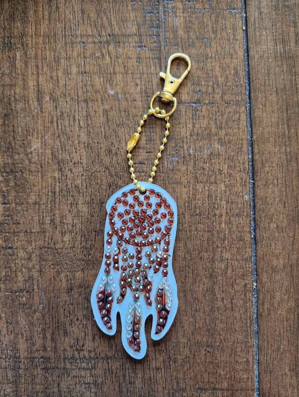 Gold Chain Dreamcatcher Charm Keychain with Brown & Clear Rhinestones